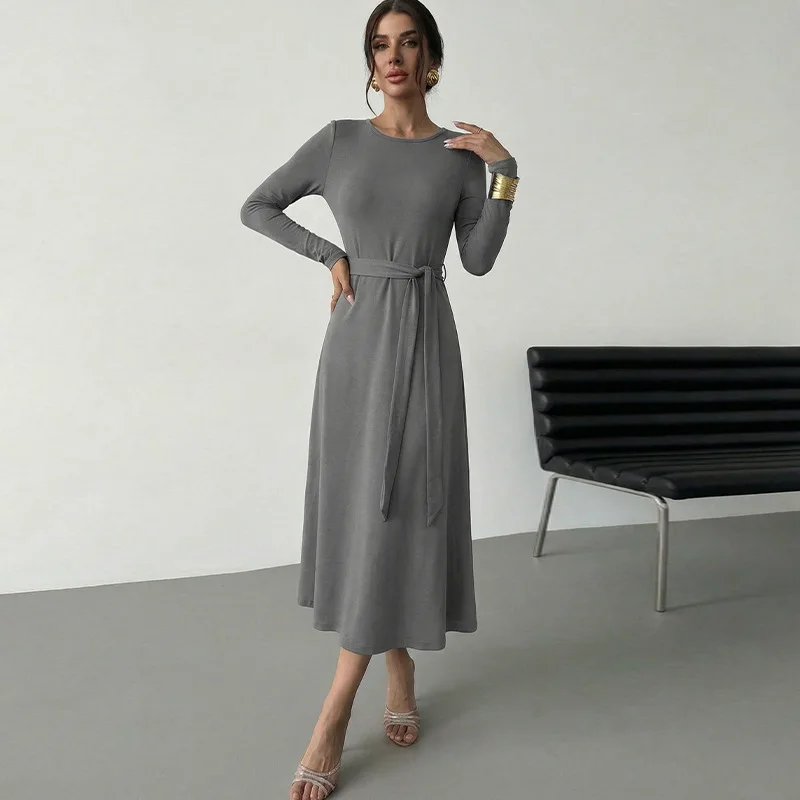 

2025Autumn and Winter Elegant Style Long Sleeve Dress with Belt Solid Color KnittedALine skirt