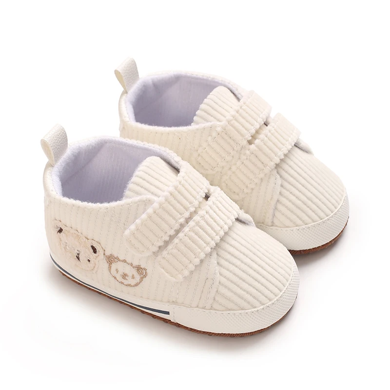 Infant Pre-Walker Shoes 0-18M Bear Embroidered Corduroy Sneakers, Soft Sole Casual Baby Shoes for Boys Girls