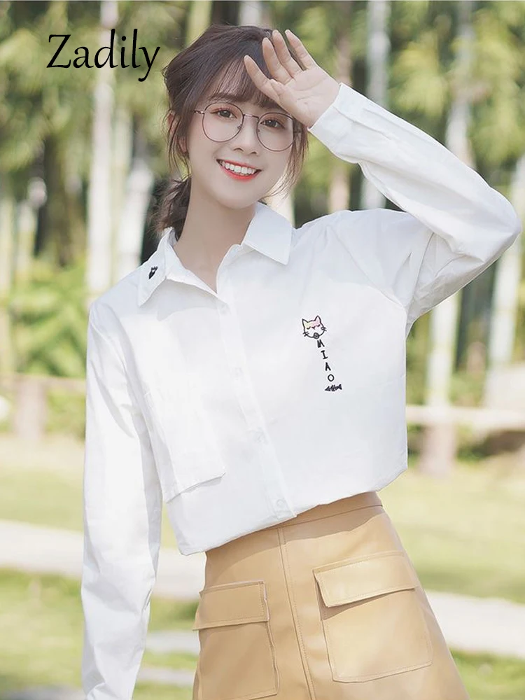 

Autumn Casual Long Sleeve Women's White Shirt Blouse Kawaii Cat Embroidery Button-Up Top Turn down Collar Women's Clothing