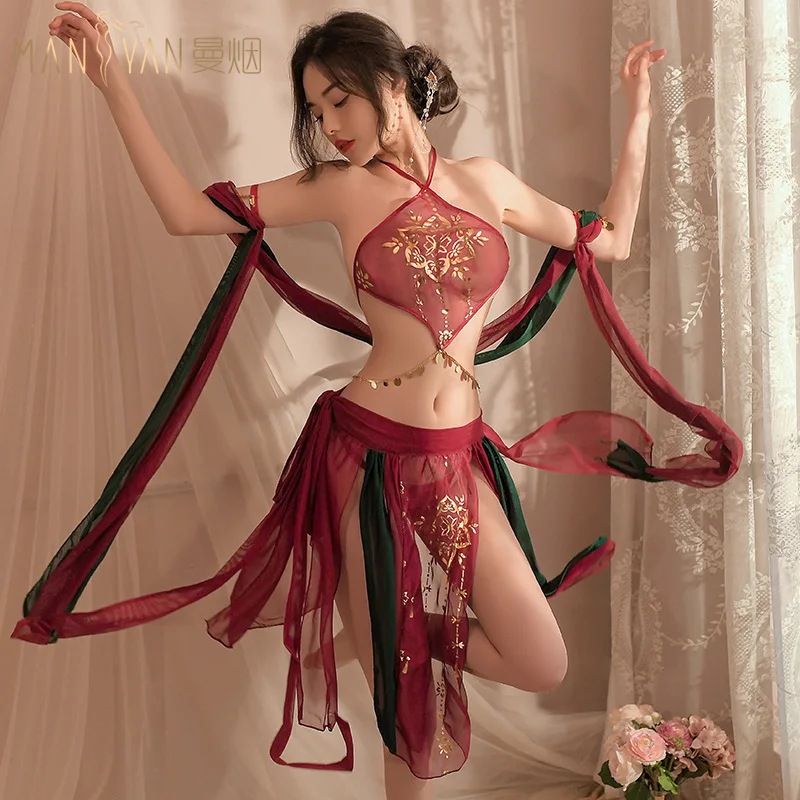 

Chinese Red Sexy Hanfu Women's Pure Desire Lingerie Perspective Uniform Hot Shawl Temptation Pajamas Bandage Skirt Underwear Set