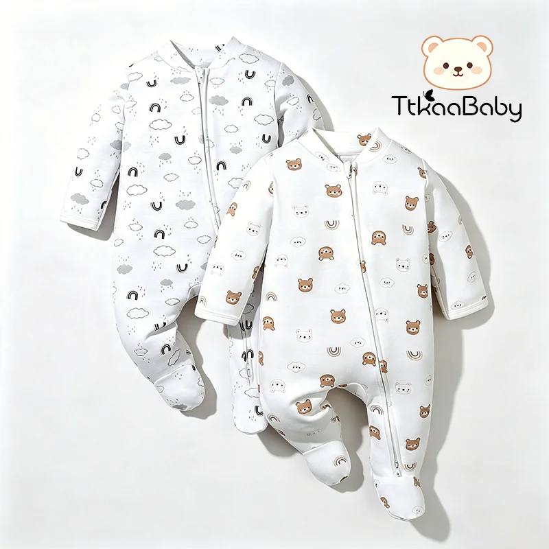 TtkaaBaby Baby-Jungen-Set aus 100 % Baumwolle mit Bären- und Wolkenmuster, langärmlig, mit Doppelreißverschluss, zweiteiliger Baby-Strampler – Geschenk zum Vollmond – Detail 1