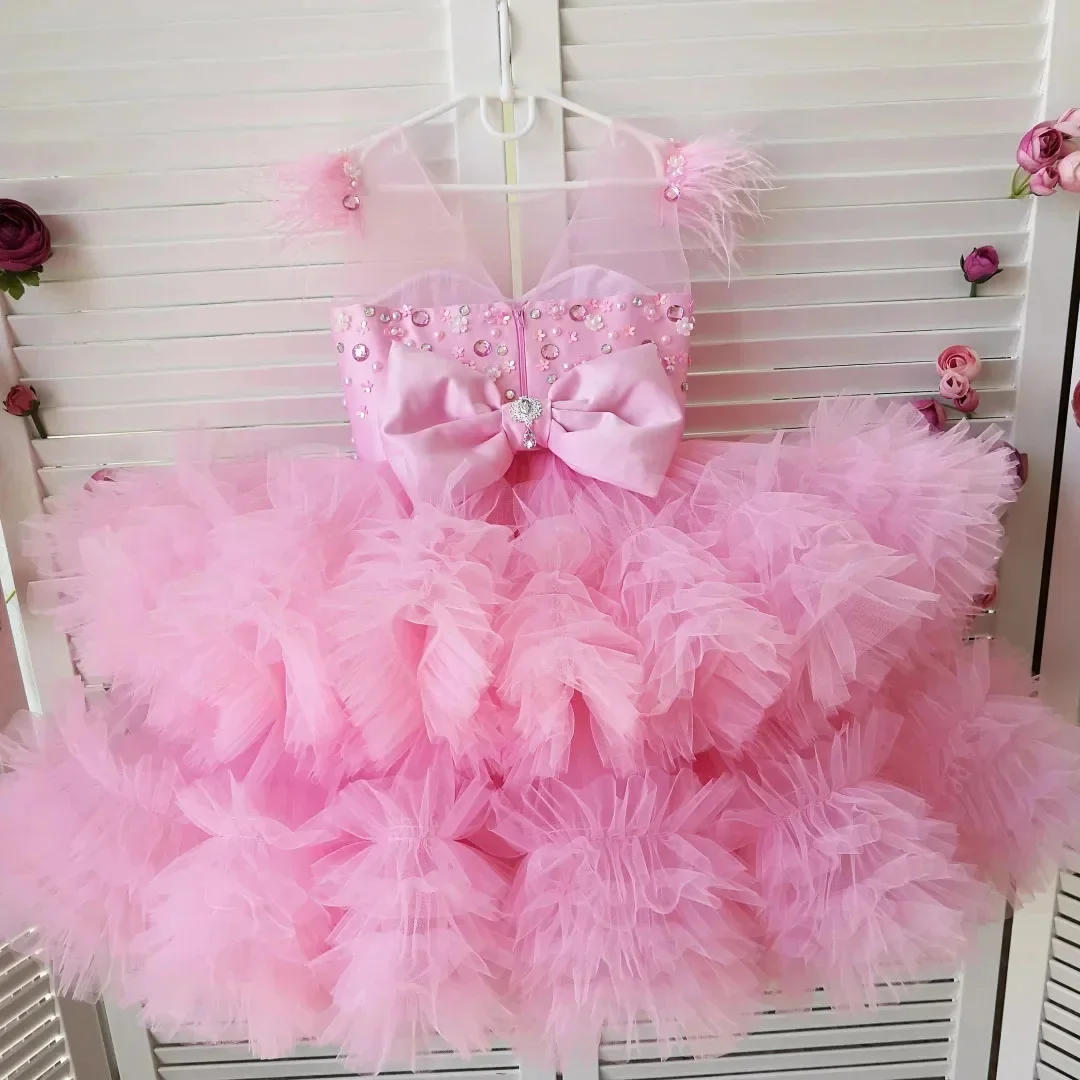 Custom Luxury Dress FlowerGirl Wedding Pageant Pink Rhinestone Ruffle Tulle Kids Luxe Birthday Guest Evening Runway Show Gown