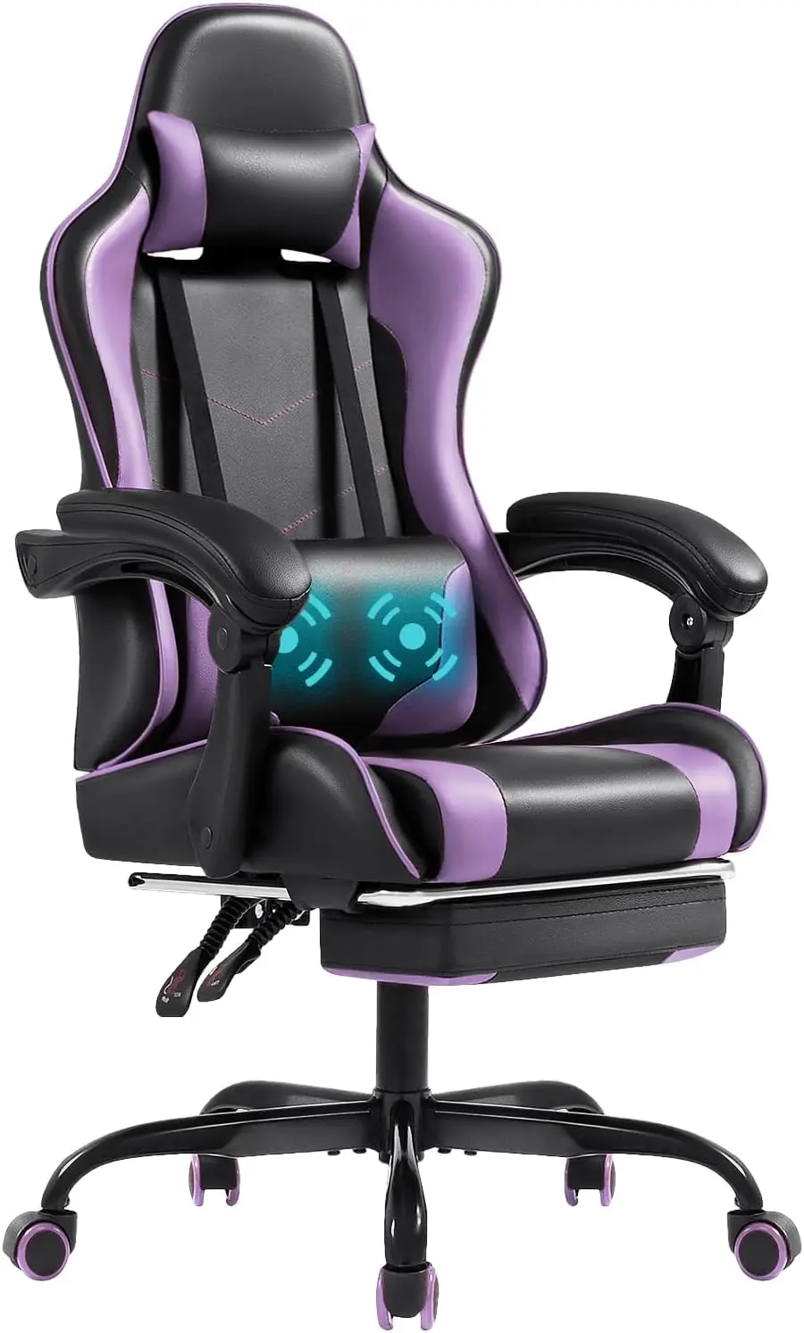 

Gaming Chair with Footrest & Massage Lumbar Support, Adjustable Height, 360° Swivel, Purple