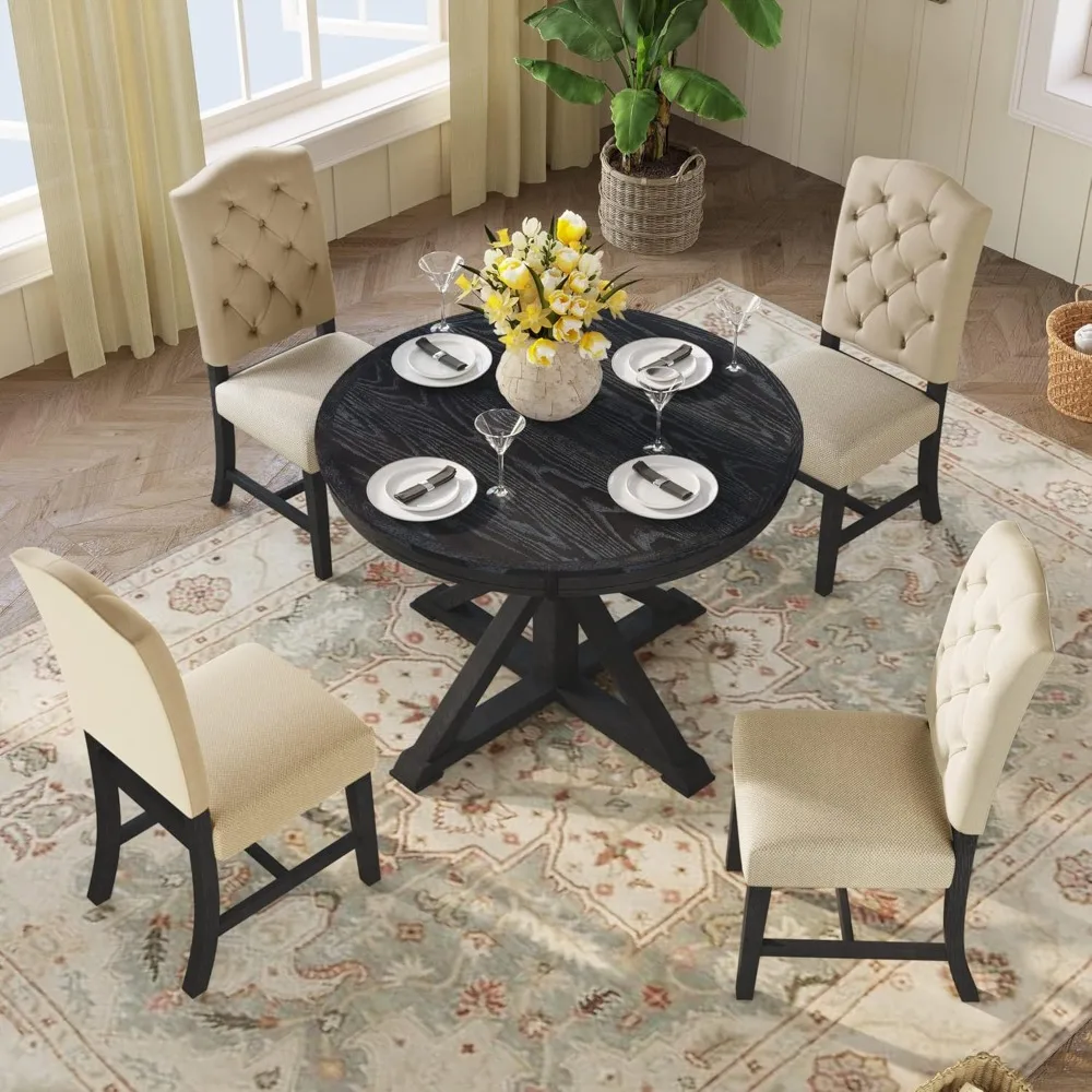 Retro Style 5-Piece Round Dining Table Set for 4,Round Extendable Table with 4 Upholstered Chairs for 4,Dining Room Table Set