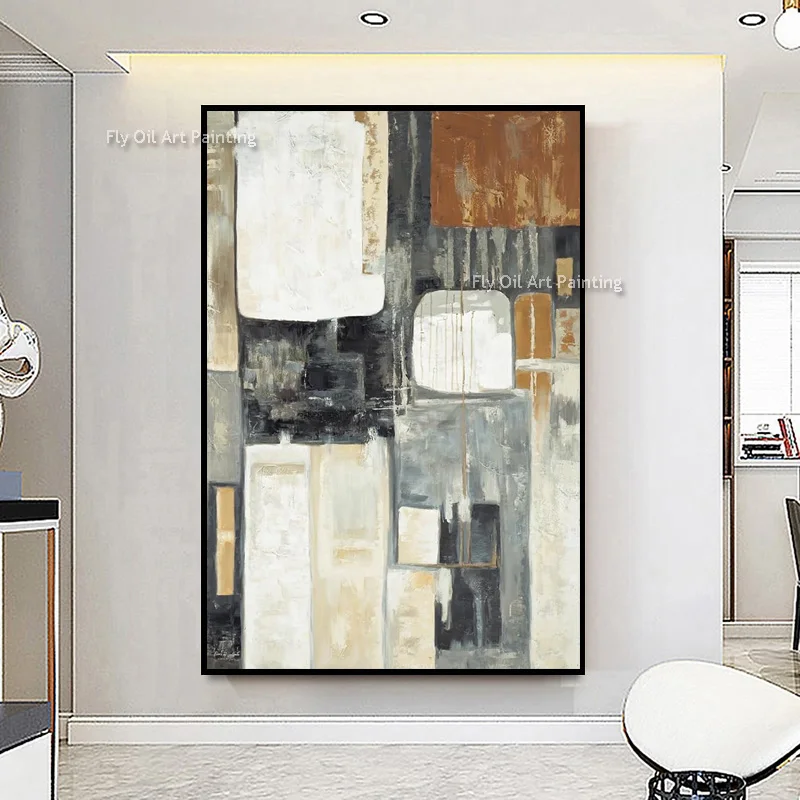 Vintage Color Block Abstract Canvas Hand Painted Impasto Oil Painting Retro Geometric Entryway Wall Art Decor