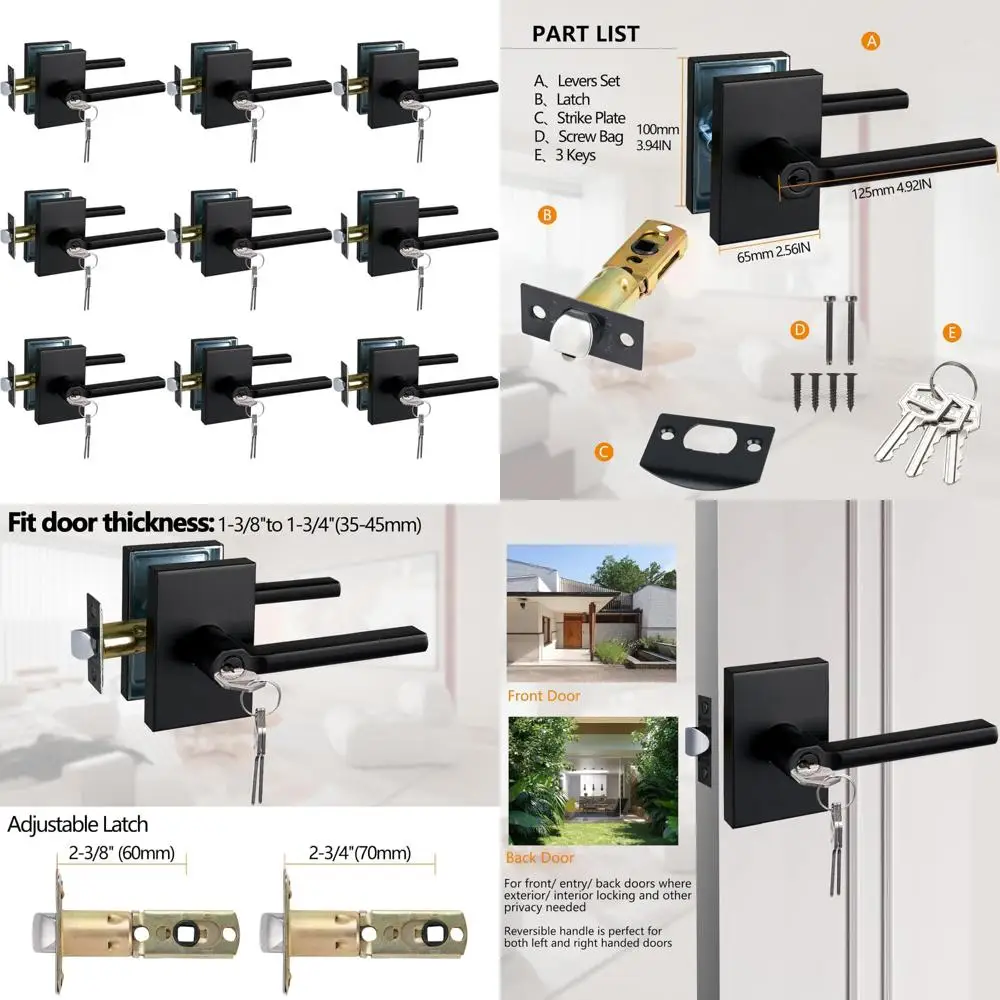 قفل رافعة دخول بمفتاح للأبواب الخارجية والأمامية، لمسة نهائية سوداء، تصميم آمن للوحة الطويلة، خيار أمان معزز