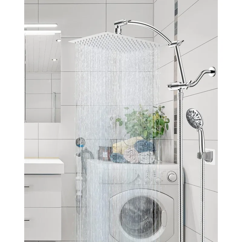 High Pressure Rain/Handheld Showerhead Combo with Adjustable Arc-shaped Shower Extension Arm,Hose Adhesive Showerhead Holder