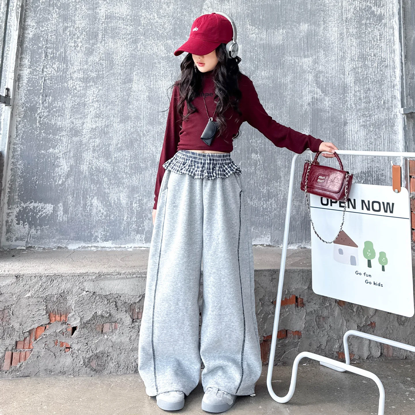

Korean Teenager Girls Sweatpant Plaid Patchwork Junior Girls Wide Leg Pant Elastic Waist Full Length Children Girls Trousers