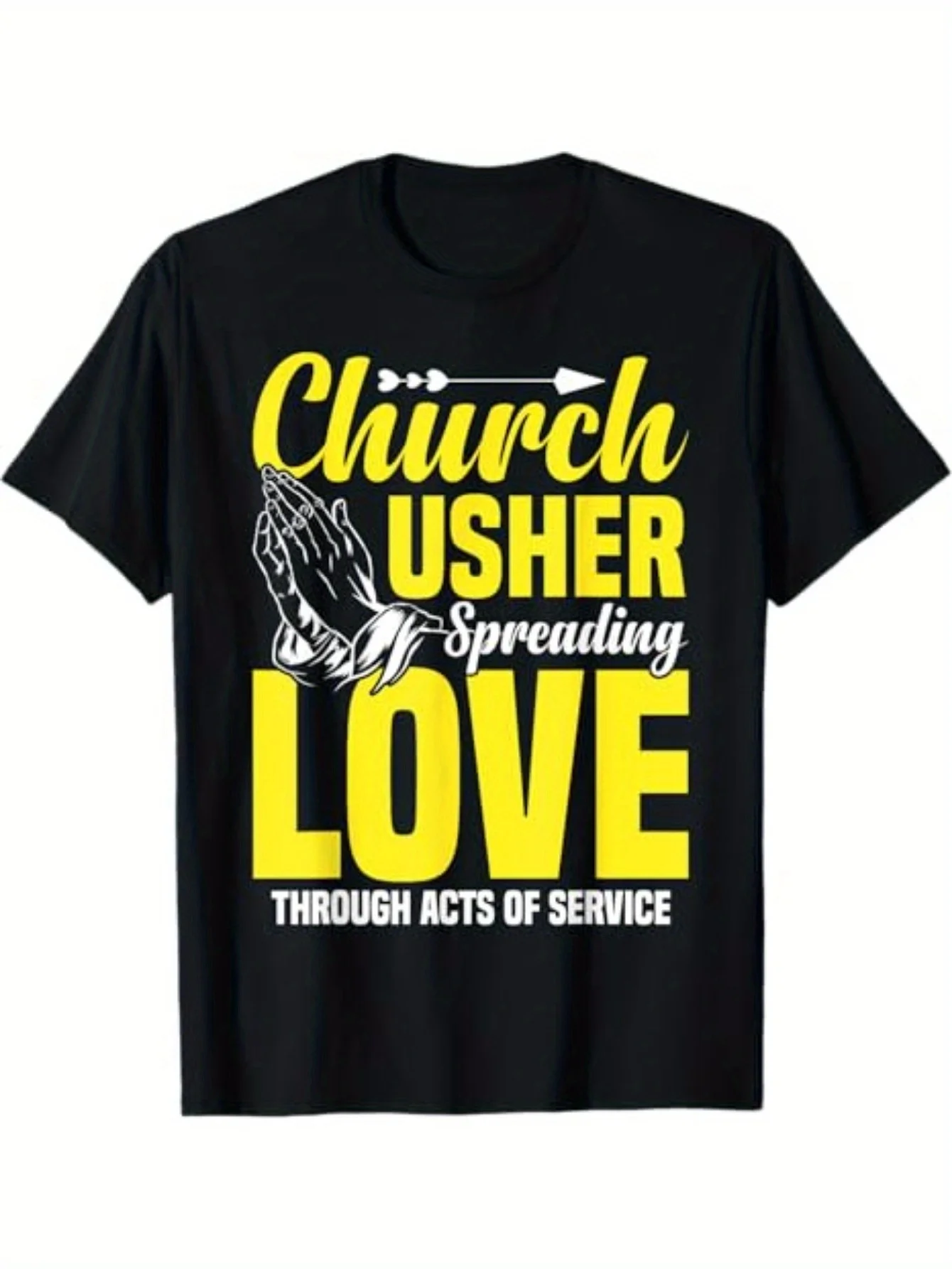 Mens Womens Church Usher Graphic T-Shirt 100% Cotton 180GSM Crew Neck Short Sleeve Spreading Love Through Acts of Service Print Black Casual Gym Wear Machine Washable Gift Idea Bold Print Top Comfortable Fabric