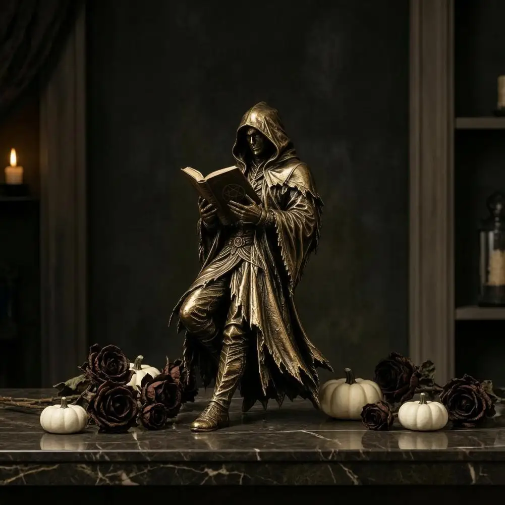 Shelf Accent Hooded Reaper Statue Skull Figurine Dark Academia Reading Book Decor Halloween Ornament Gift for Book Lovers Themed