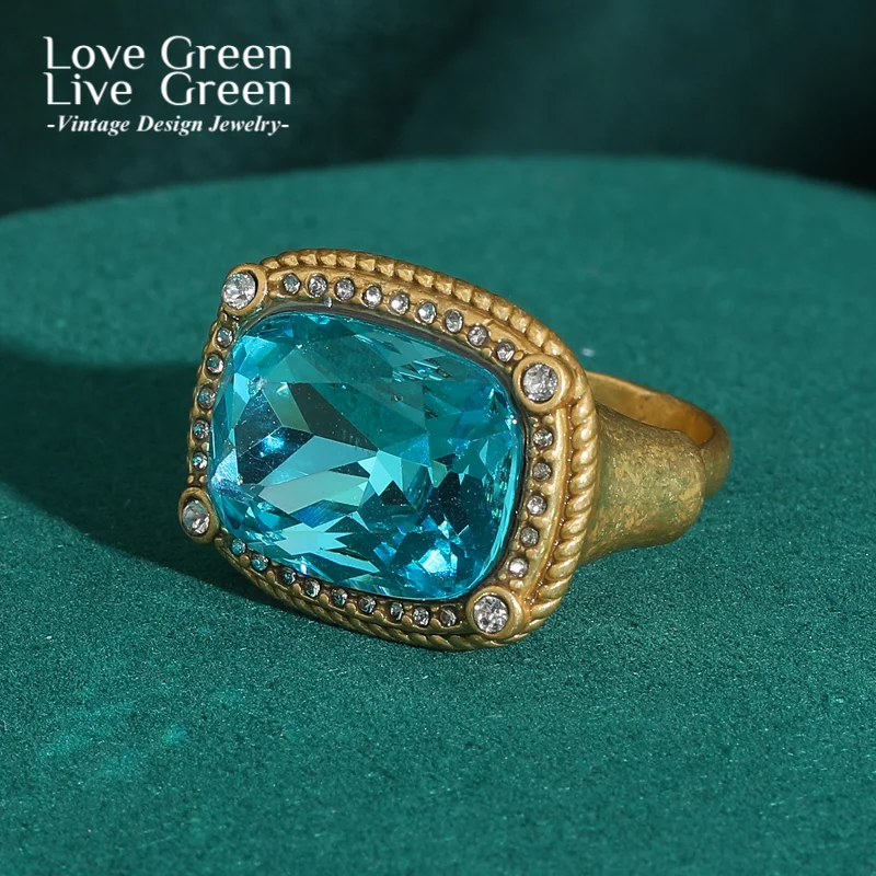 

Square Crystal Blue Ring Luxury Quality Jewelry Engagement Stone Gold Color Antique Vintage Wedding Rings Brands Woman Designer