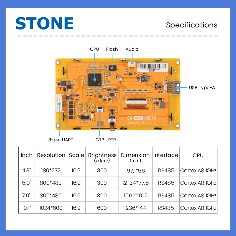 STONE C 4.3 5 7 8 10.1 10.4 inch HMI Display Panel TFT LCD with Capacitive Touch Screen for RS485 CPU Cortex A8 1Ghz for Arduino