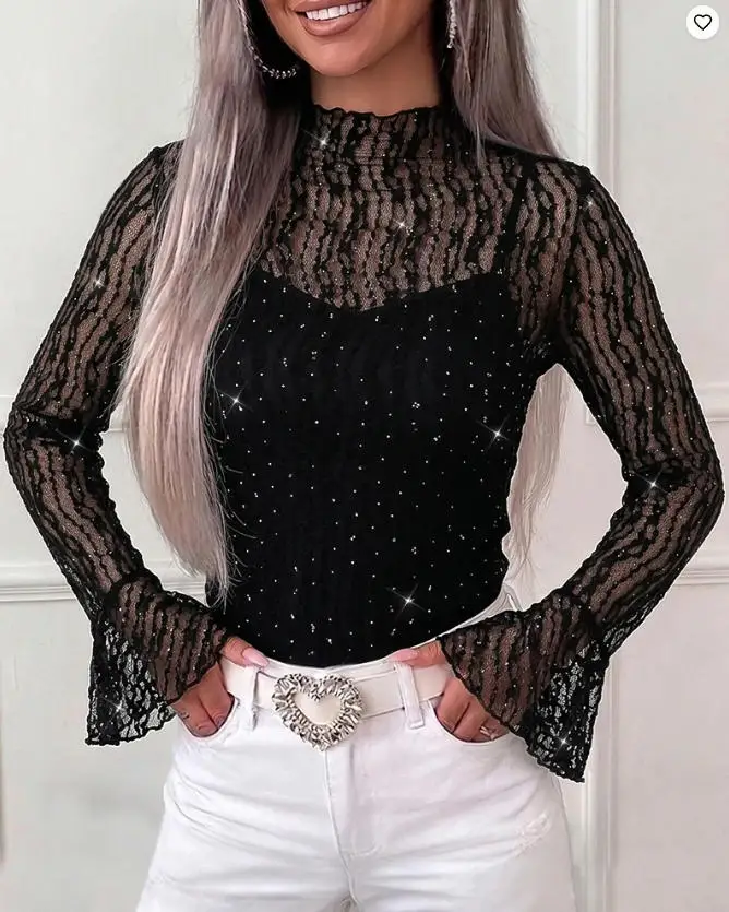 Women's 2 Piece Outfit Fashion Rhinestone Mock Neck Flare Sleeve Sheer Mesh Top 2026 Spring Casual Tee with Adjustable Cami Top