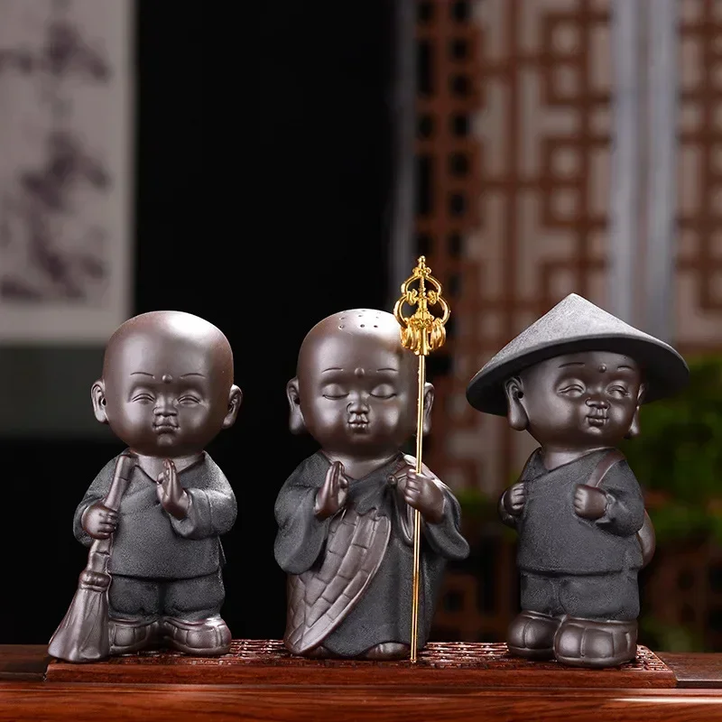 Ceramic cute little monk statue Purple Clay Tea Set Decoration Handmade figure sculpture Home decoration statue