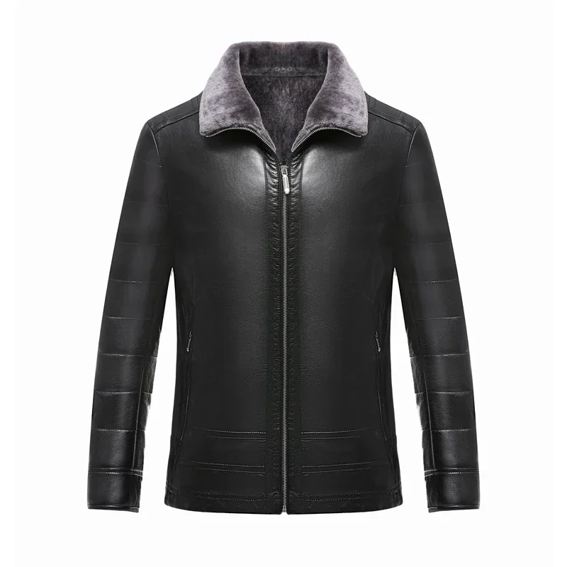 Mens Genuine Leather Jacket Lapel Business Casual Loose Coat Fall Winter Plush Male Leather Jackets Man Clothes Кожаная Куртка