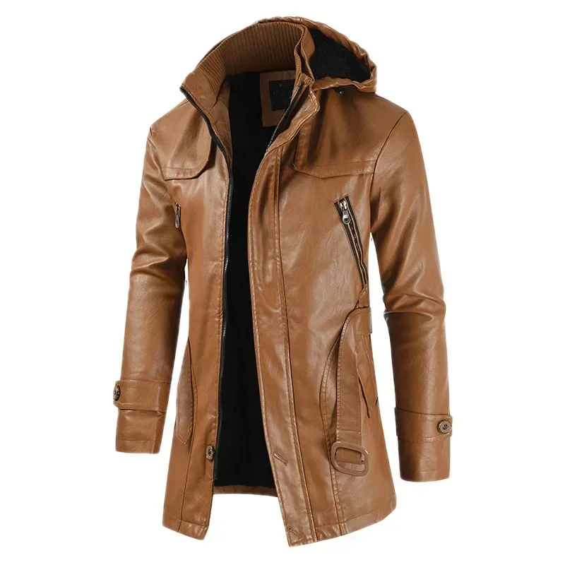 Solid Color Men Casual Fashion Mid-Length PU Leather Coat  New Men Slim Hooded Leather Jacket Large Size All-match Outwear