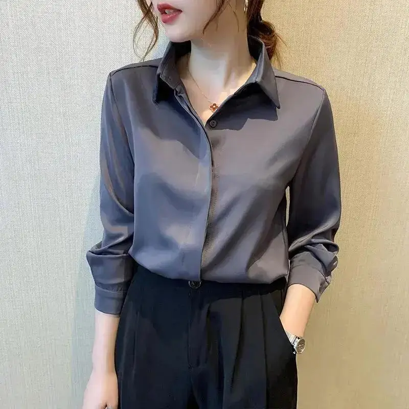 Women Clothing Office Lady Buttons Solid Color Turn-down Collar Long Sleeve Blouse Autumn Business Casual Cardigan Shirts Femme