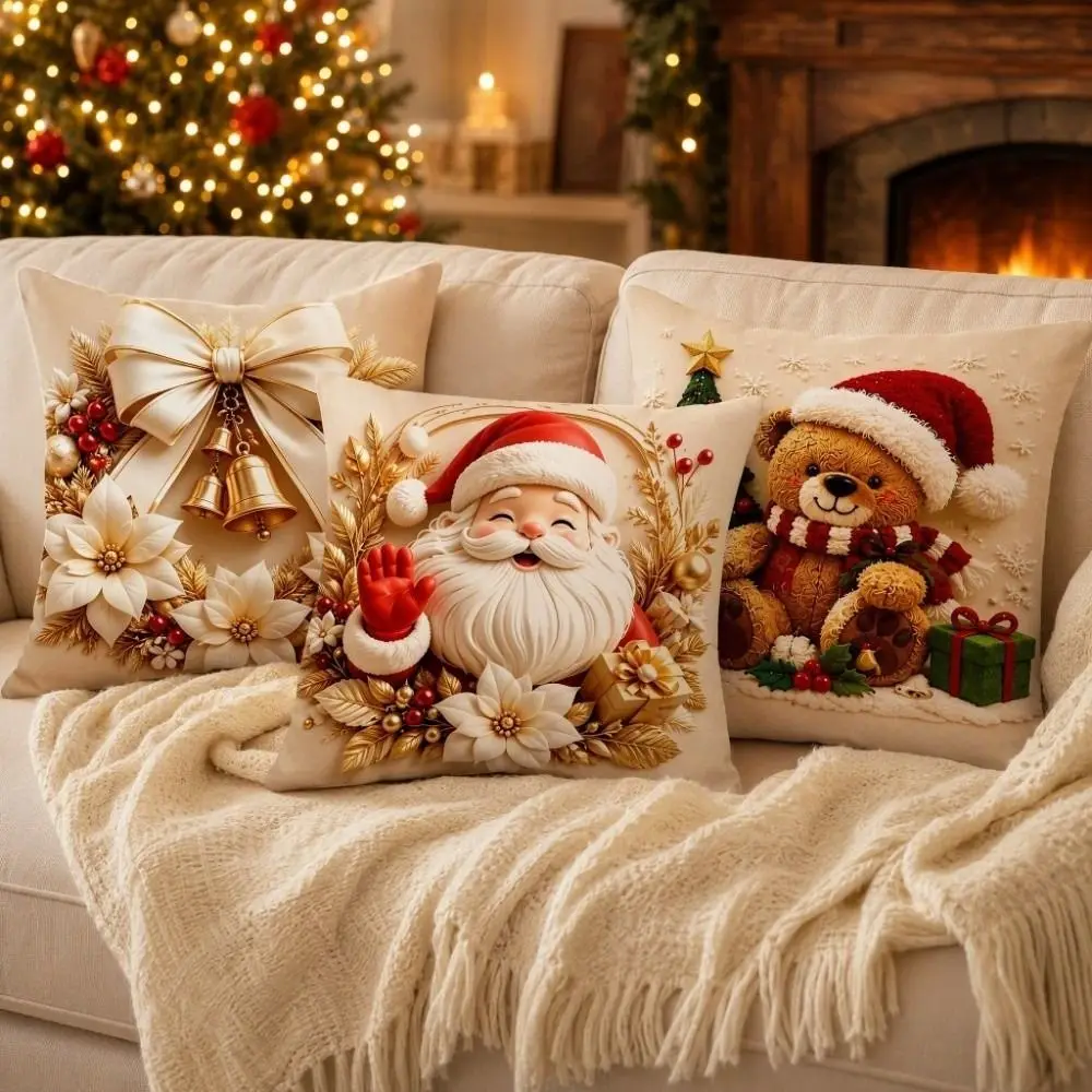 Soft Christmas Pillow Cover Santa Claus Elk Deer Throw Cushion Case Bowknot Bell 45cm 17.72in Xmas Tree Pillowslip