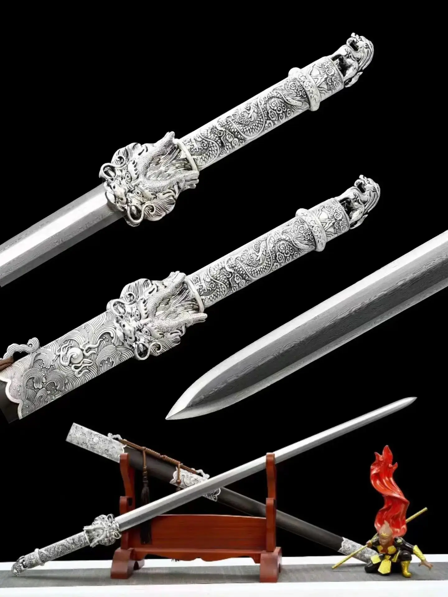 Chinese Kungfu Traditional Han Battle Sword,King Dragon,Real Handmade Multi Refined Folded Patterned Steel Blade,Unhardened