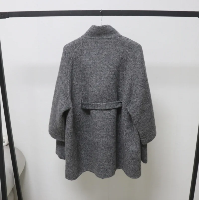 New Women's Double-Faced Wool Coat Loose Fit Slimming Medium-Length Blends Trench Coat Standing Collar Tie Belt Spring Jacket