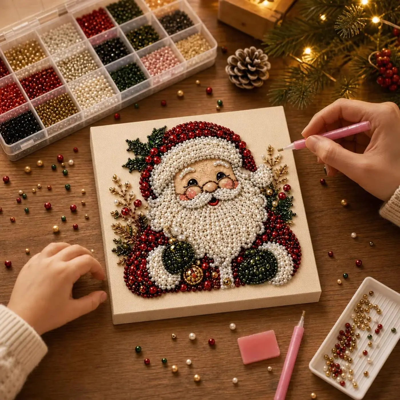 Christmas Pearl Painting Art Set with Frame DIY Pearl Beads Craft Kit For Adults Beginner Home Decor Wall Art Party Xmas Gifts