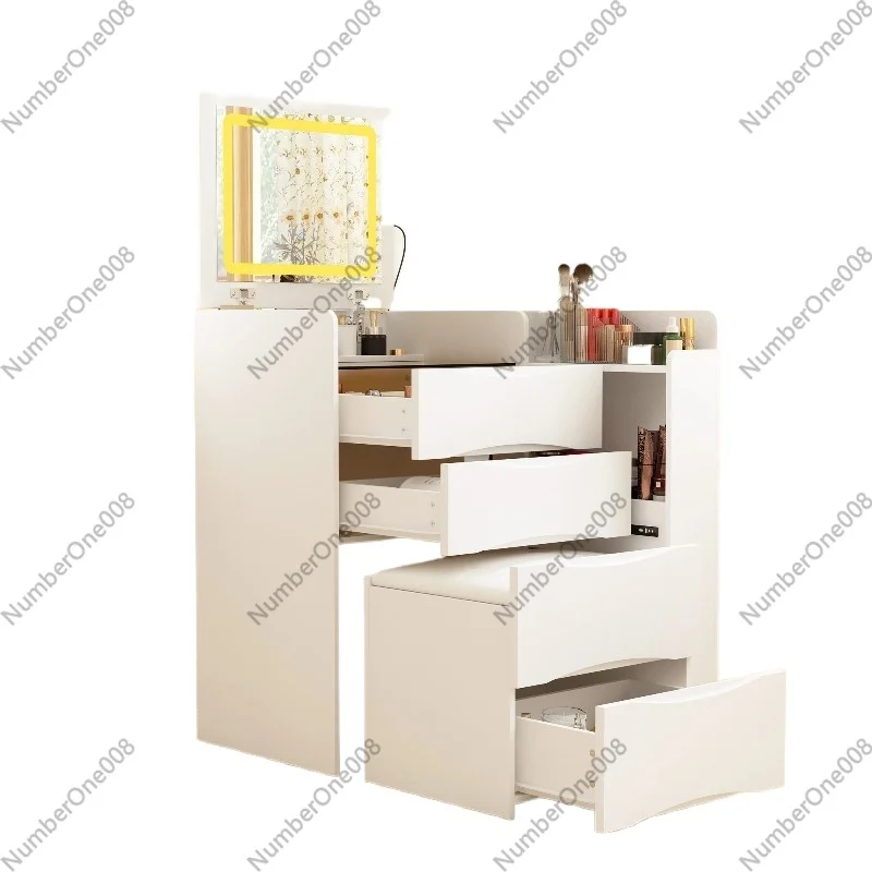 

Современный туалетный столик с откидным зеркалом, LED-подсветкой, 3 ящиками, стулом и стеклянной столешницей, белый