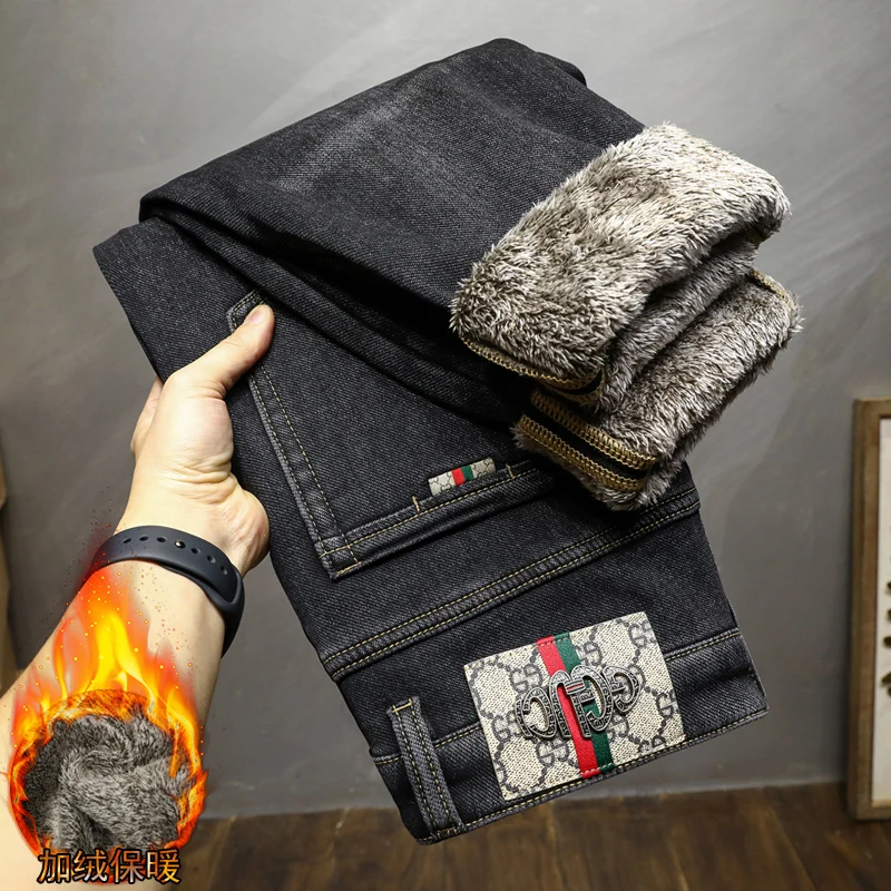 Jeans larghi da uomo in cotone a pile lungo addensato imbottito autunno e inverno pantaloni caldi casual neri con ricamo moda di lusso leggero