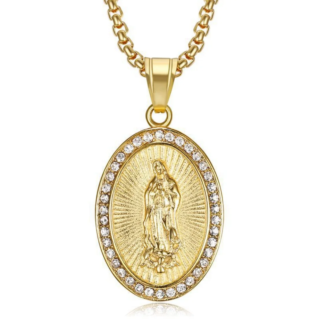 

Religious Our Lady Virgin Mary Medal Pendant Gold Silver Color Stainless Steel Tennis Zirconia Oval Necklace for Women Jewelry