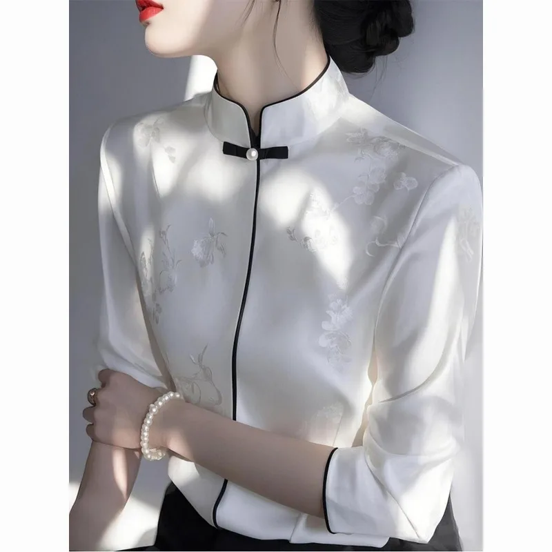 

New Chinese Style Satin White Mandarin Collar Shirt for Women with Premium and Luxurious Feel