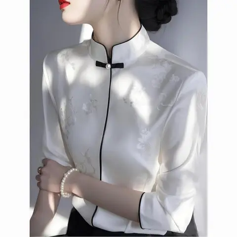 New Chinese Style Satin White Mandarin Collar Shirt for Women with Premium and Luxurious Feel