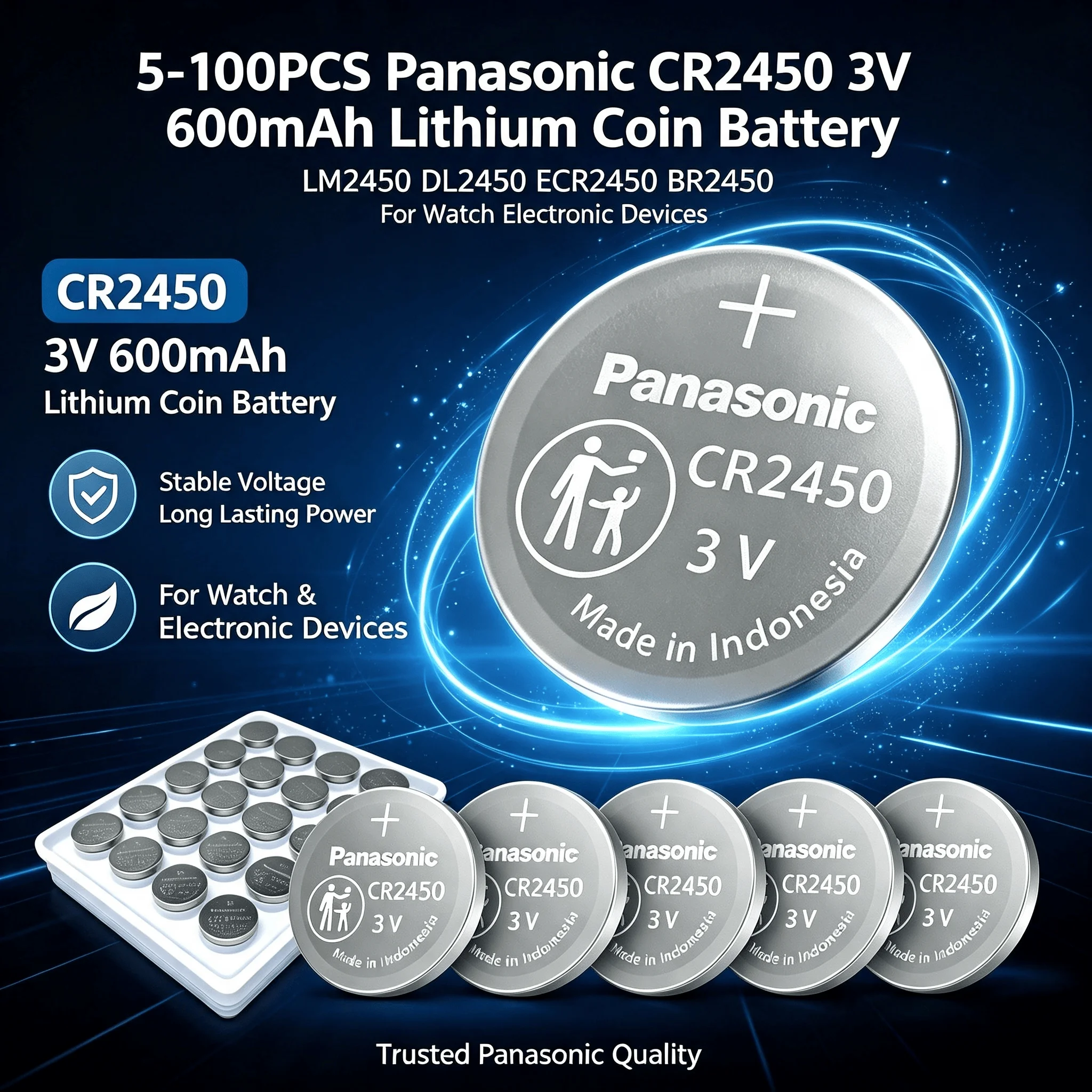 5‑100PCS Panasonic CR2450 3V 600mAh Lithium Coin Cell LM2450 DL2450 ECR2450 BR2450 For Watch & Electronic Gadgets