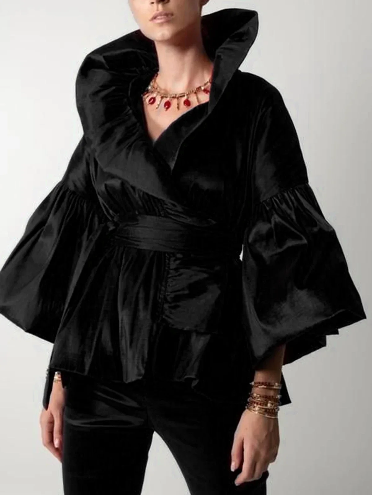 

Women's Wrap Ruffle Blouse Shirt Solid Color Petal Long Sleeve Stand Collar Niche Elegant Blouse Autumn Party High Street Shirts
