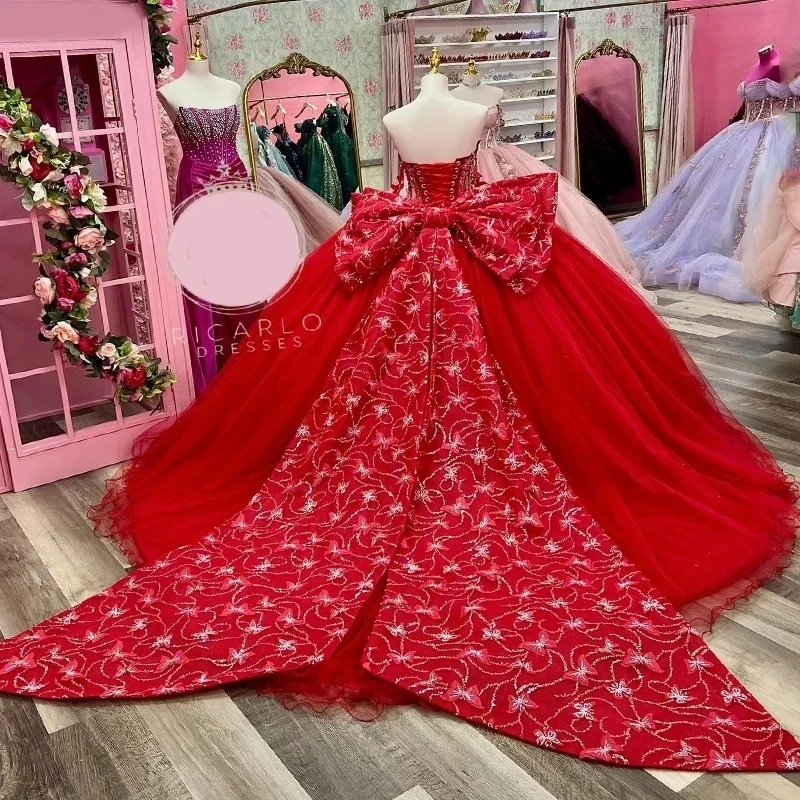 Vestido De quinceañera con lazo De cristal, corsé De tul con hombros descubiertos, rosa brillante, rojo, princesa dulce, 16, 15 años