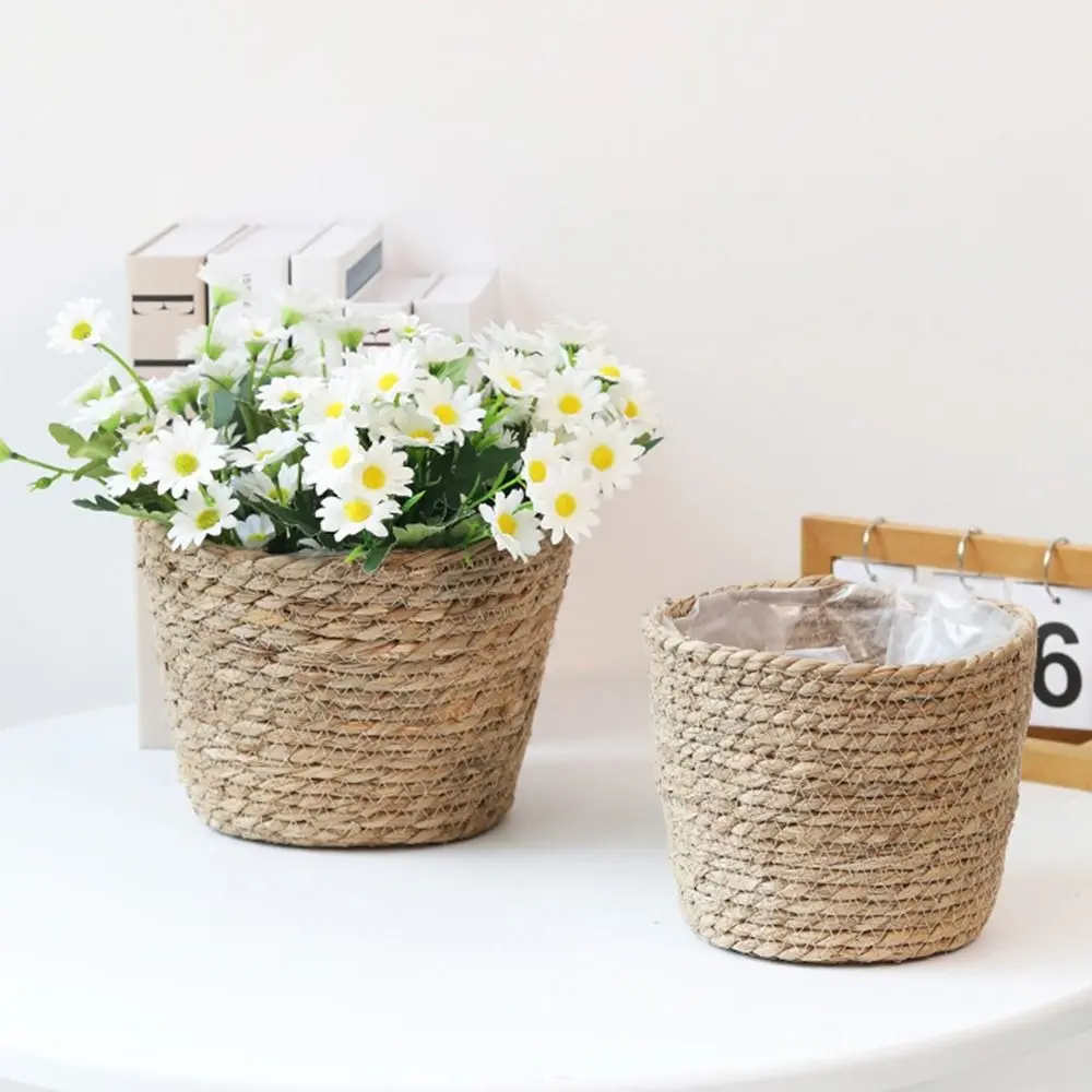 S/M/L Straw Weaving Flower Plant Pot Handmade Decorative Grass Woven Planter Basket Leakproof Seedling Containers for Home
