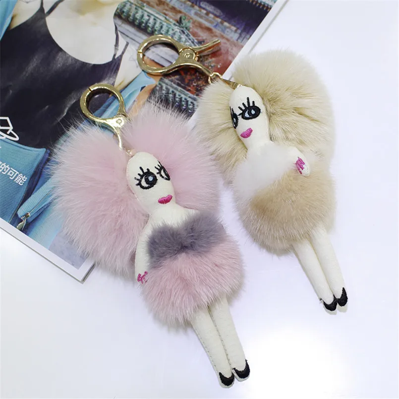 Cute Keychain Women Real Mink Fur with Fox Fur Key Rings for Girls Car Key Ring Crafts Doll Fluffy Bags Charm