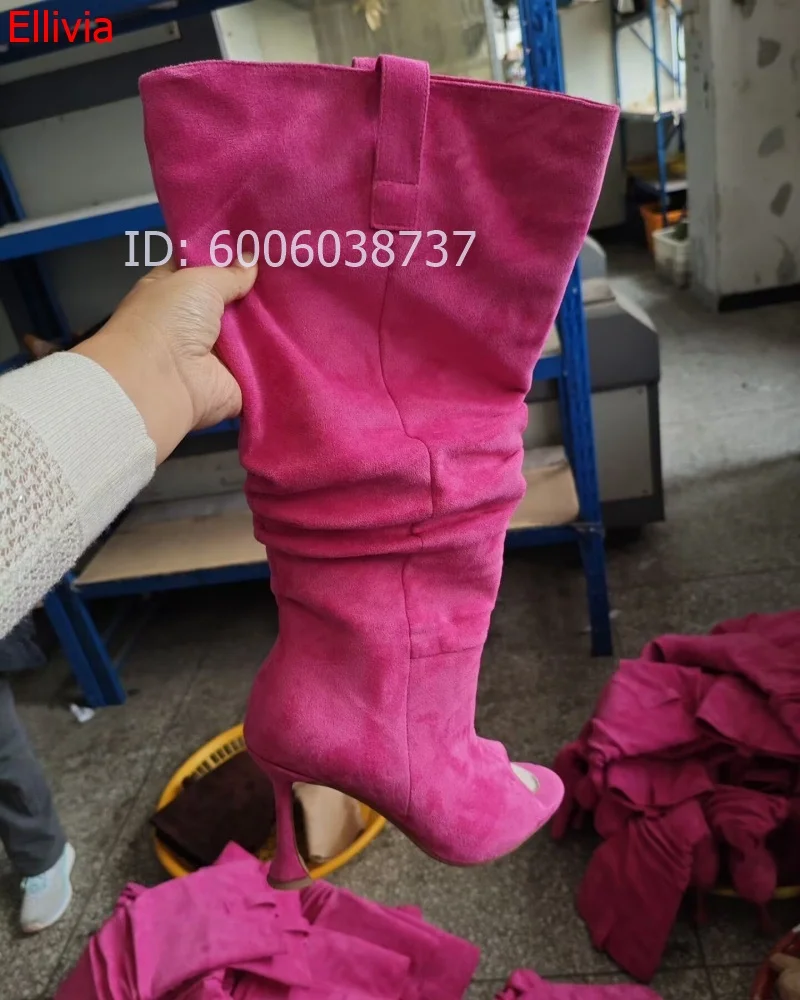 Women Peep Toe Slouch Knee High Boots Suede Stiletto Heel Ruched Tall Boots Elegant Fashion Dress Boots For Evening Party