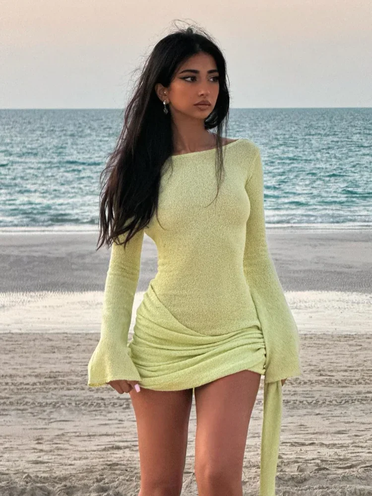 

Chic Irregular Pleated Ribbon Solid Knitted Mini Dresses Women Elegant Backless Full Sleeve Slim Vestidos Summer Lady Beach Wear