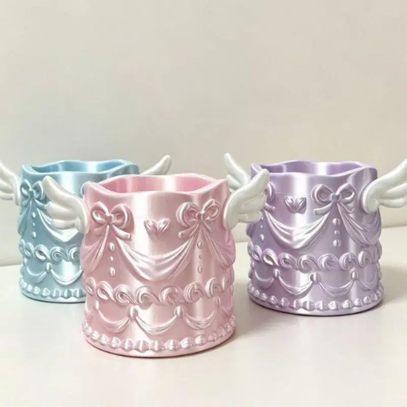 1 pièce, organiseur de cosmétiques de luxe pour fille, texture soie, motif ailes d'ange en relief, support pour pinceaux de maquillage, pot à crayons de bureau, cadeau pour femme