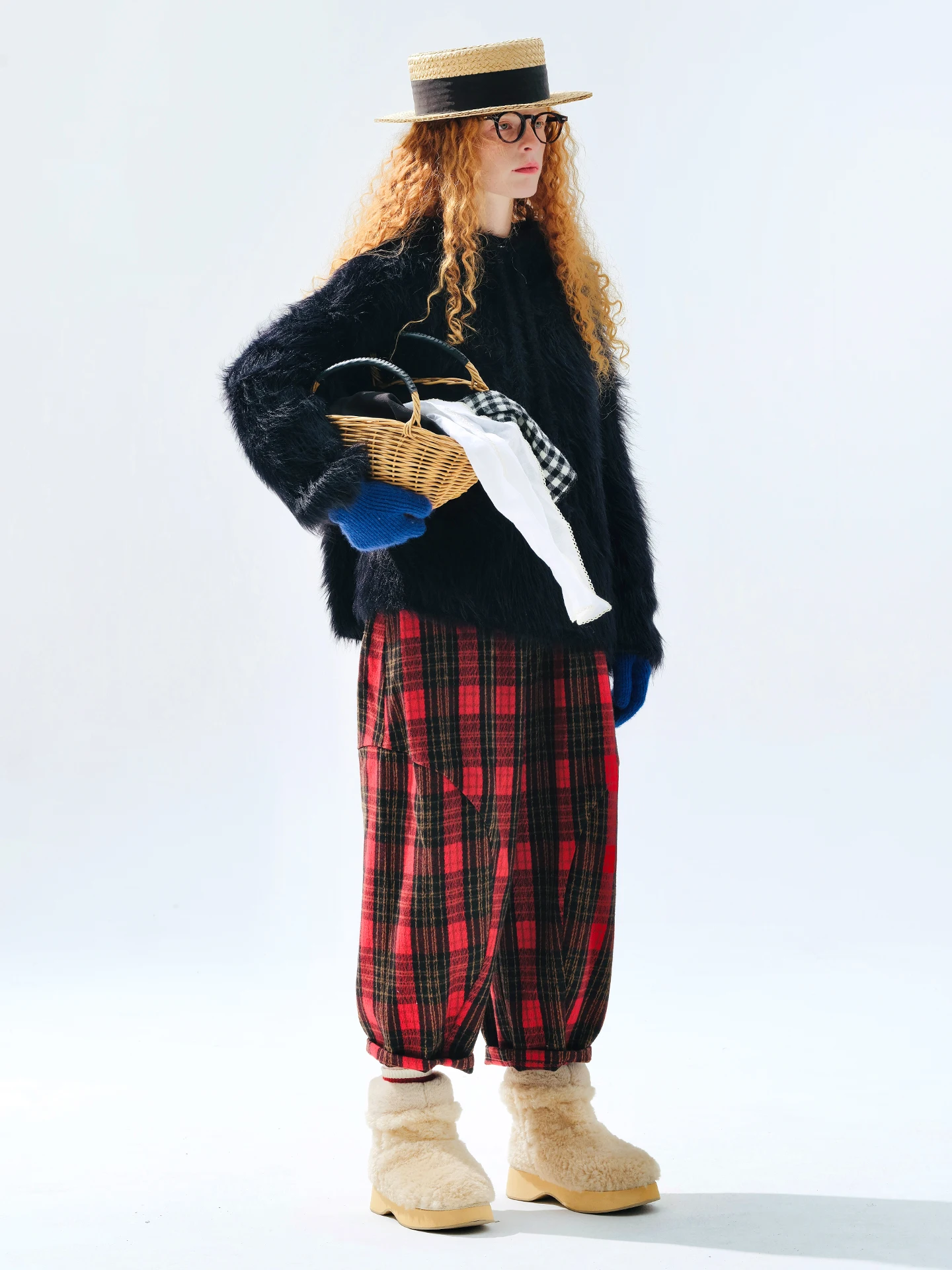 imakokoni 2025 بنطال جزر منقوش باللون الأحمر الأصلي للشتاء - مزيج سميك ودافئ على الطراز الياباني بنطلون نسائي 255276