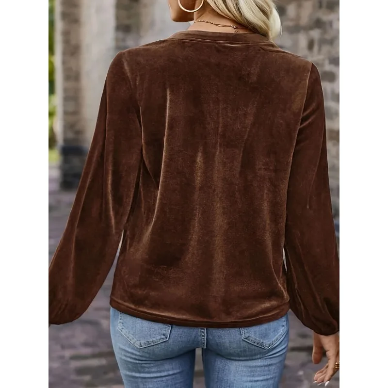 Plus Size 1XL-5XL Camicetta con maniche a lanterna con bottoni a V in tinta unita alla moda da donna Camicia a maniche lunghe comoda e casual allentata