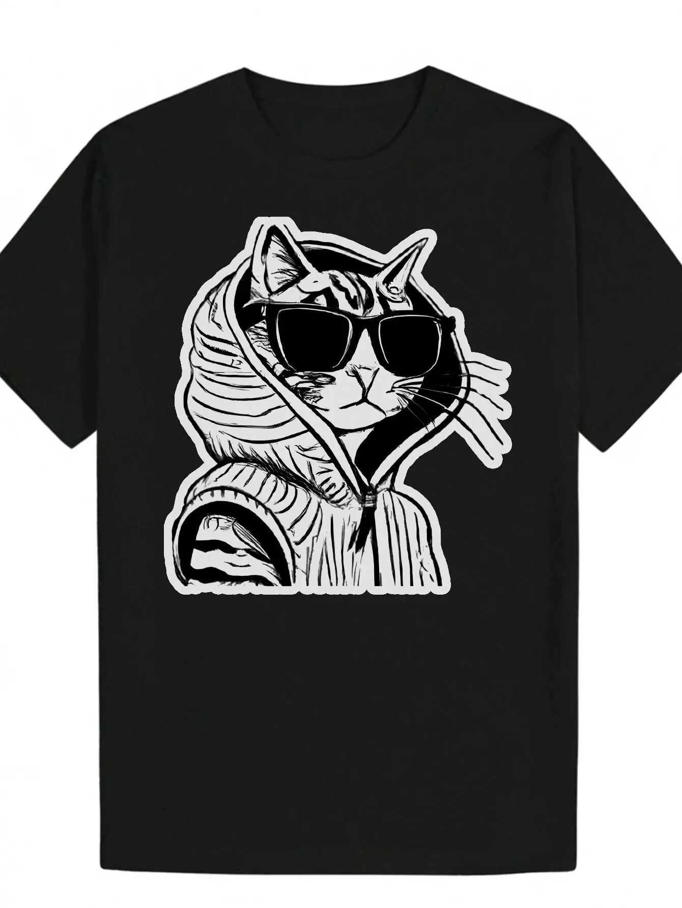 تي شيرت رجالي من القطن برسومات مستوحاة من الطراز القديم - تصميم فرقة رعب أنمي سوداء مع تصميم قطة رائعة وأكمام قصيرة ورقبة دائرية