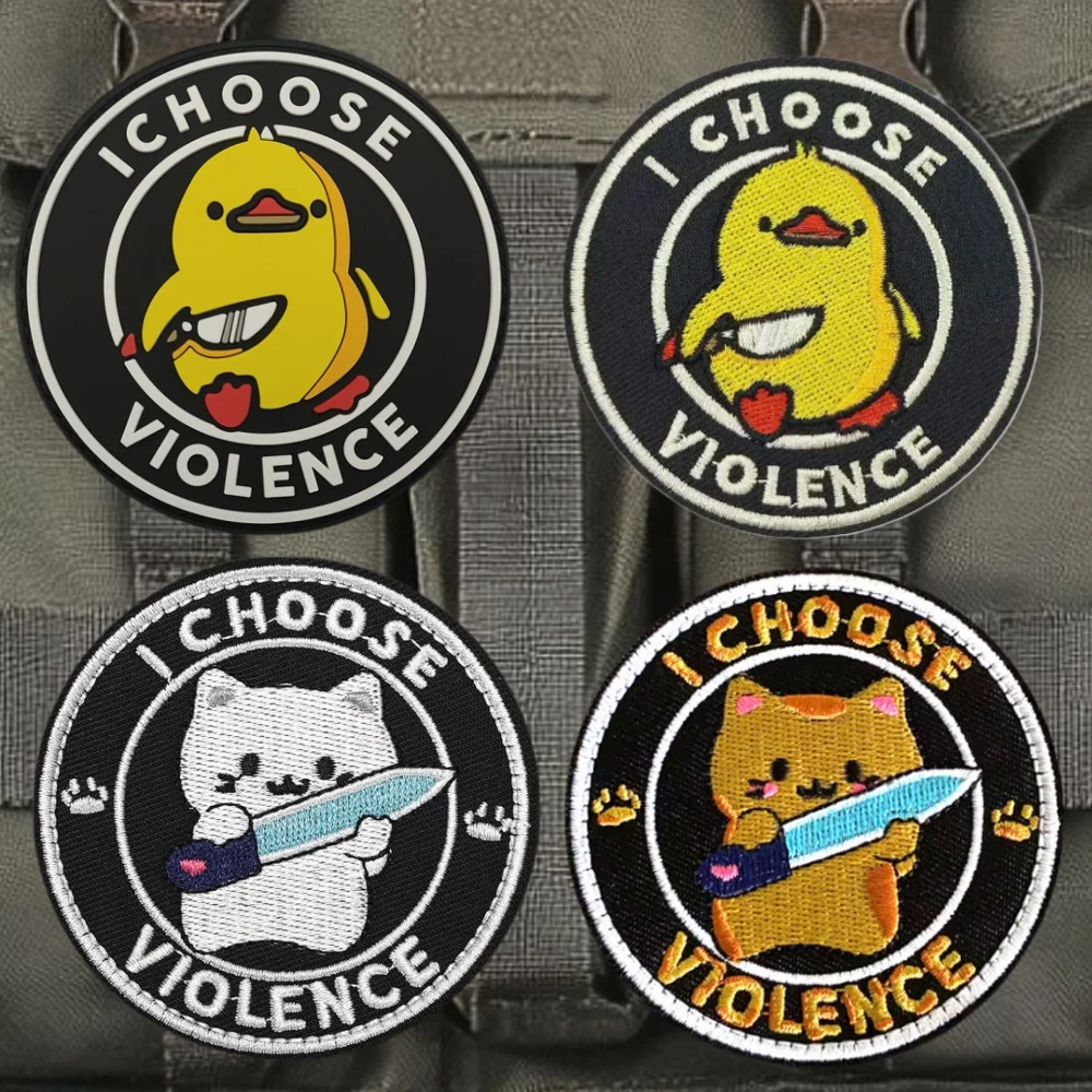 I Choose Violence Angry Yellow Duck With A Knife Tactical Embroidery Hook and Loop Patch Cute Cat Morale Badge Backpack Sticker