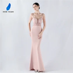 DEERVEADO Women's Mermaid Deep V Neck Strap Satin Evening Dress with Beads Wedding Party Dresses Prom Dress Long Formal Dress