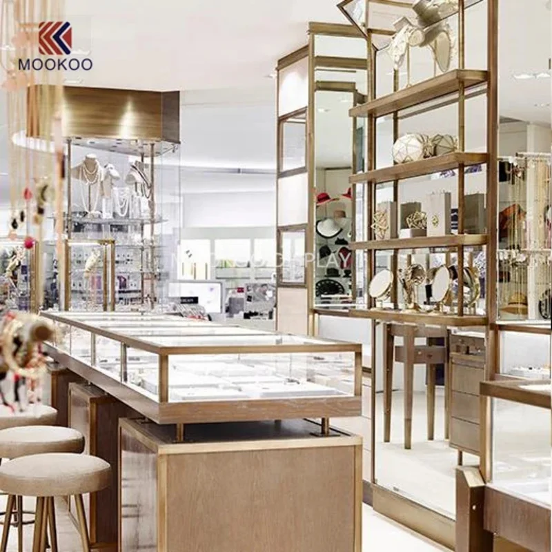 custom.Custom High-End Blue Wood Wall Jewelry Showcase Elegant Metal Display Cabinet Retail Store Furniture