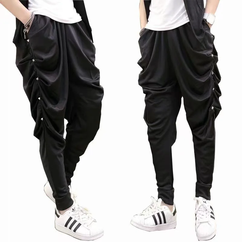 

Men Spring Summer Rivet Harem Pants Punk Hip Hop Drop Crotch Baggy Pants Nightclub Stage Jogger Costume Men Casual Streetwear