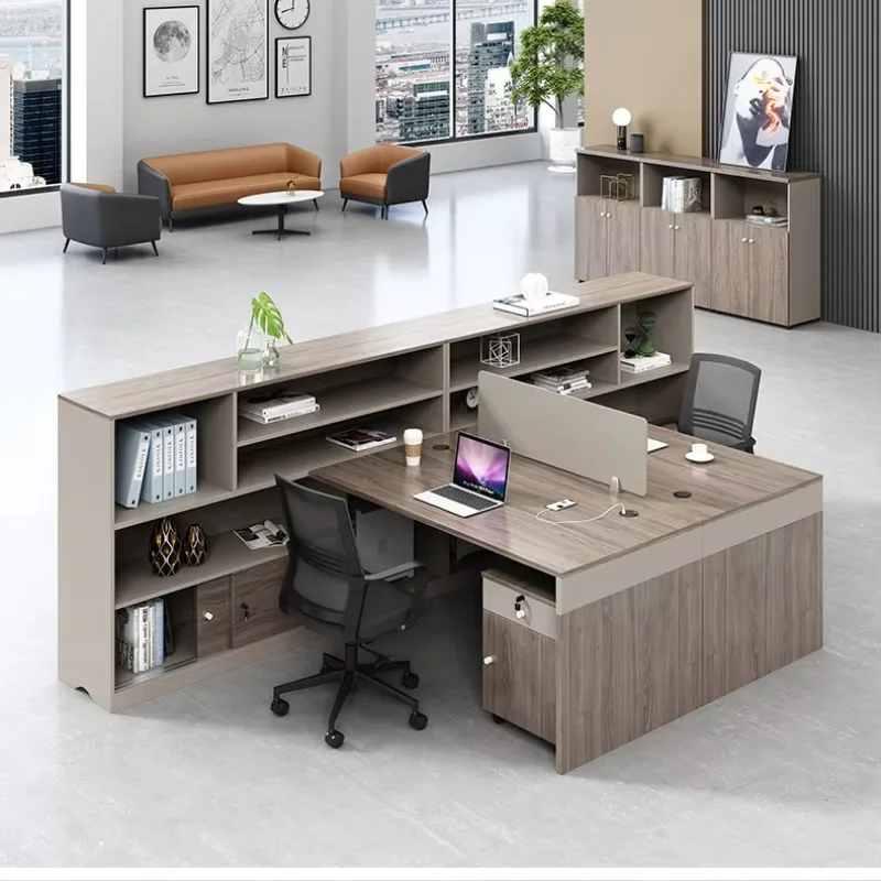 Simple Screen Booth 2/4 Staff Desk and Chair Combination Double with Bookshelf