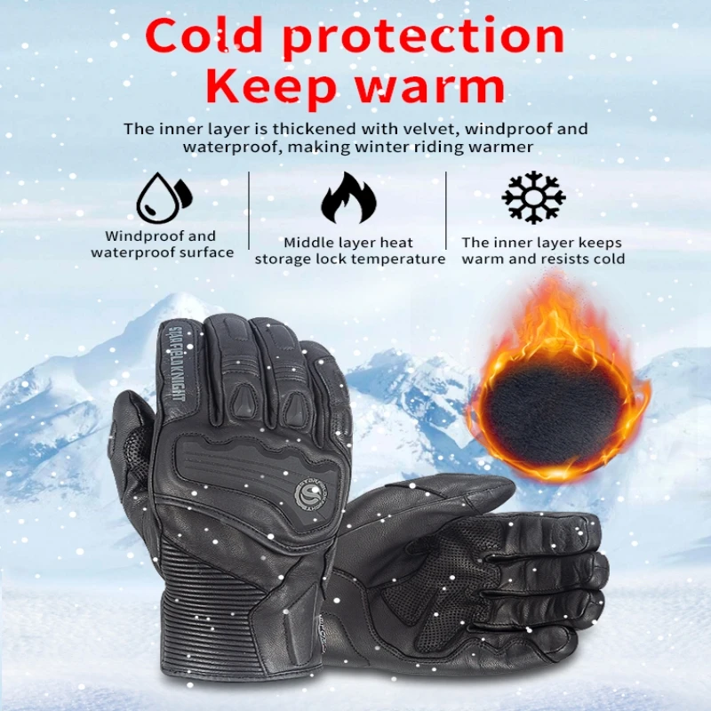 SFK Black Motorcycle Gloves Add Fluff Winter Keep Warm Windproof Waterproof Wear-resistant Full Finger Riding Joint Protection