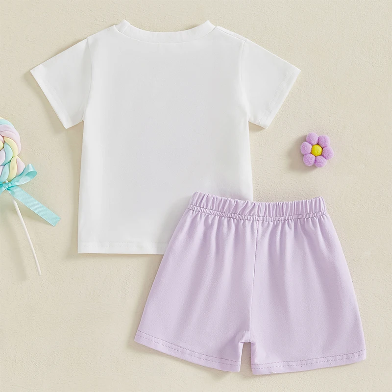 Adorable Infant Girl Dino Ensemble with Embroidered Tee and Solid Color Shorts Featuring Pockets - 2 Piece Summertime Outfit