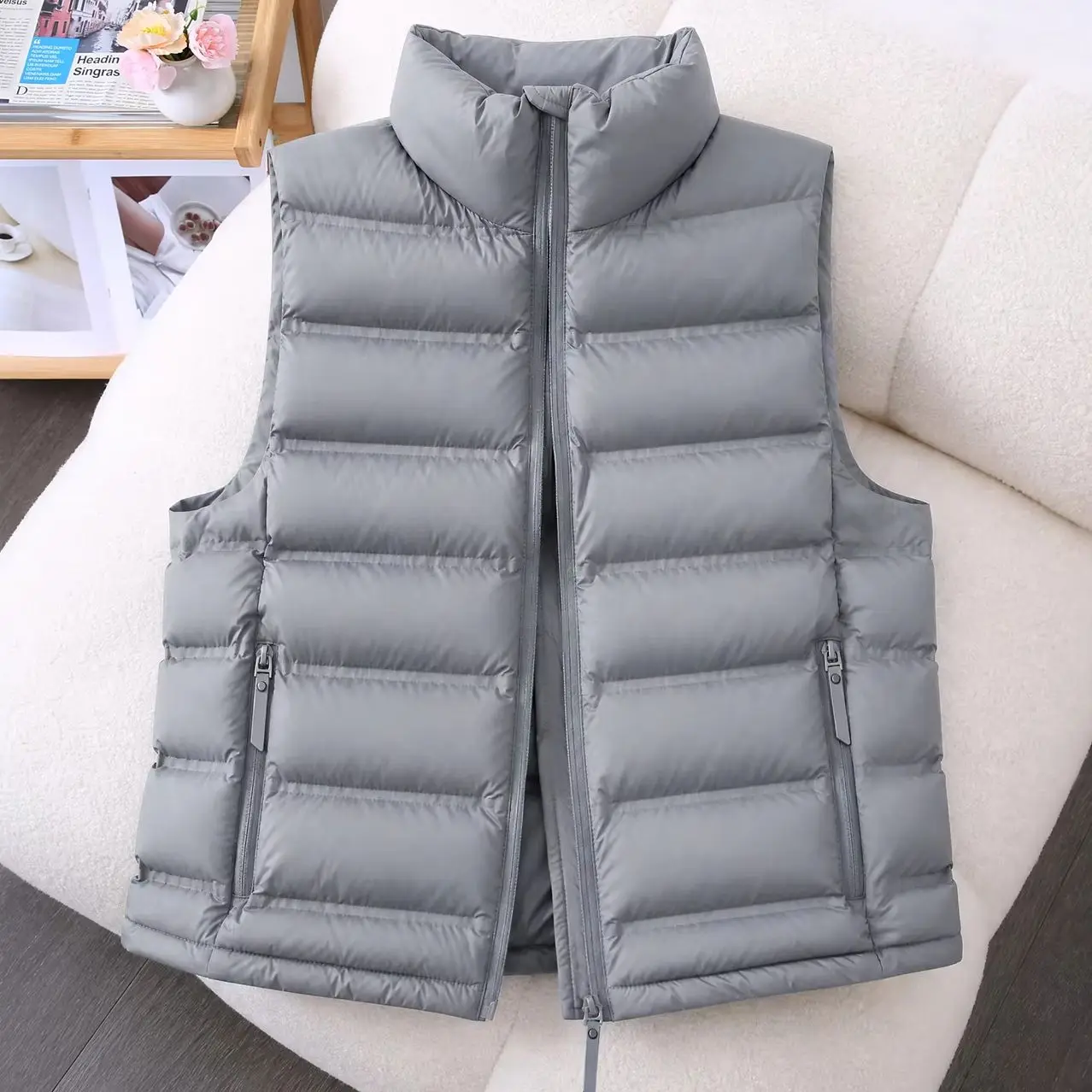 Women Stand Collar Quilted Vest Zip Up Sleeveless Padded Waistcoat Lightweight Warm Solid Color Casual Layering Gilet