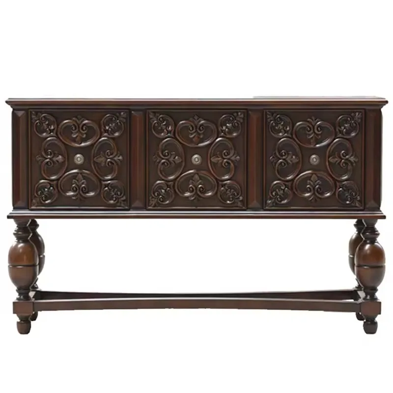 

Light luxury retro old solid wood carved living room decorative porch cabinet
